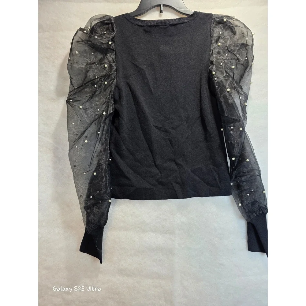 DO+BE Black Knit Pearl Embellished Sheer Puff Sleeve Top Y23569 Mens S - Picture 5 of 12